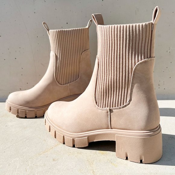 NEW Taupe Beige Chunky Lug Sole Platform Elastic Sock Ankle Chelsea Bootie Boots - Picture 3 of 13